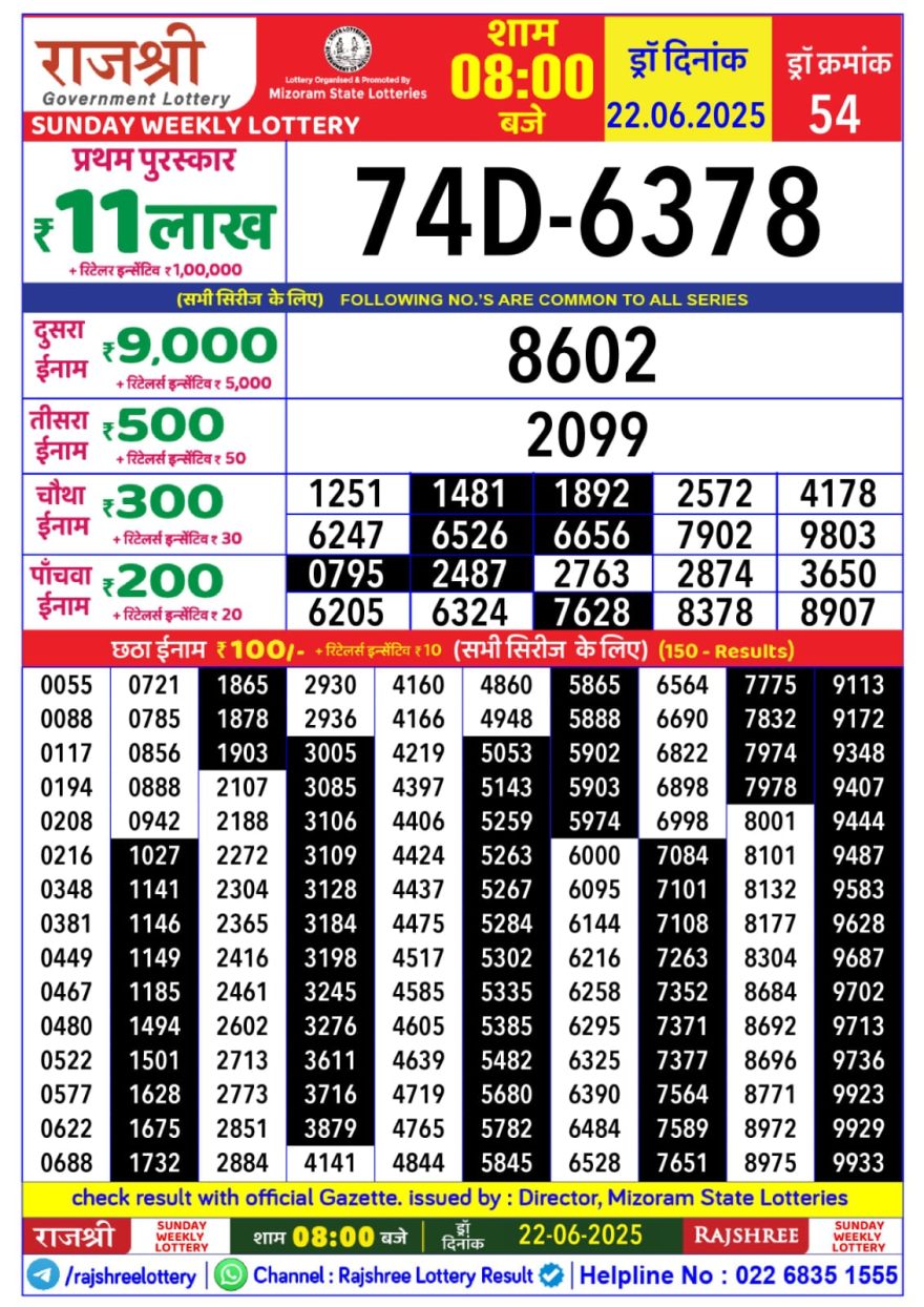 Rajshree Weekly Lottery 8PM Result 22.06.2025