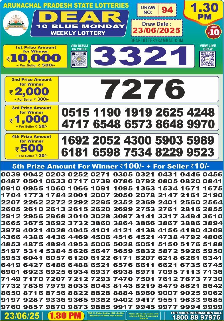 Dear 10 blue lottery 1.30PM Result 23.06.2025