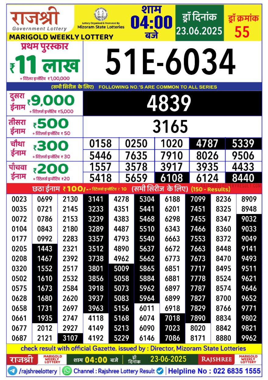 Rajshree marigold monday Weekly Lottery 4PM Result 23.06.2025