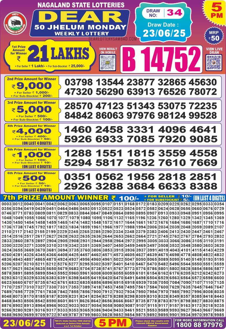 Dear 50 jhelum monday Lottery 5pm Result 23.06.2025