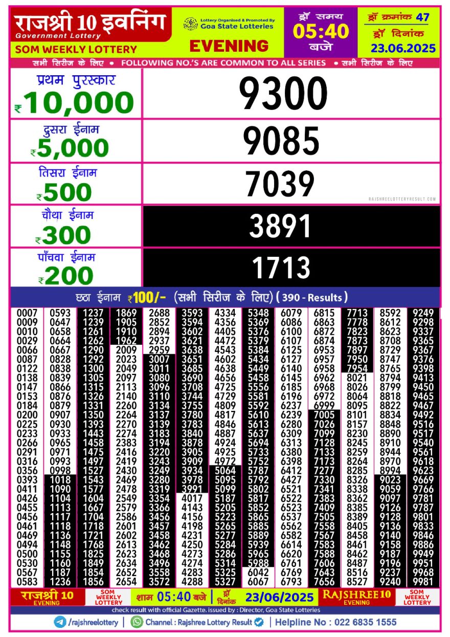 Rajshree 10 evening monday 5:40pm result 23.06.2025