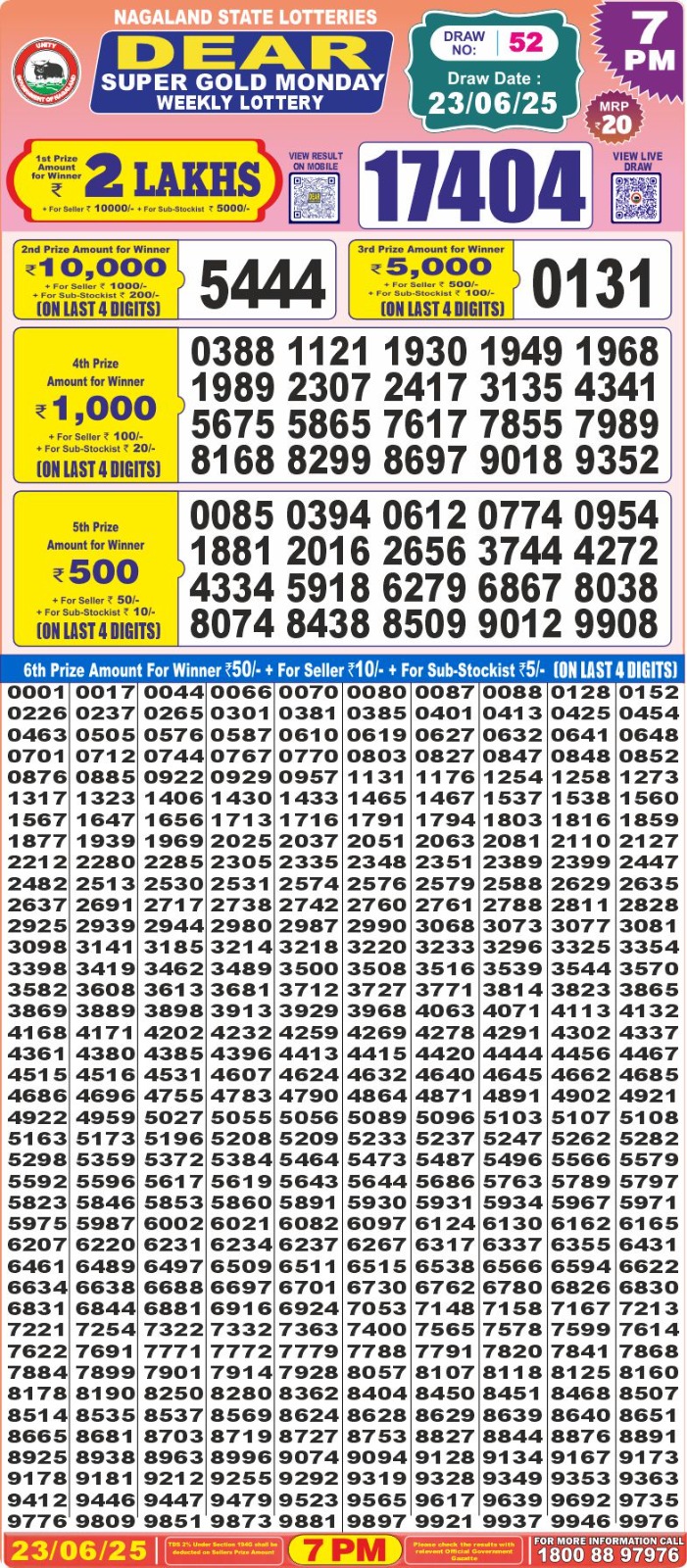 Dear Super Gold Monday 7pm result 23.06.2025