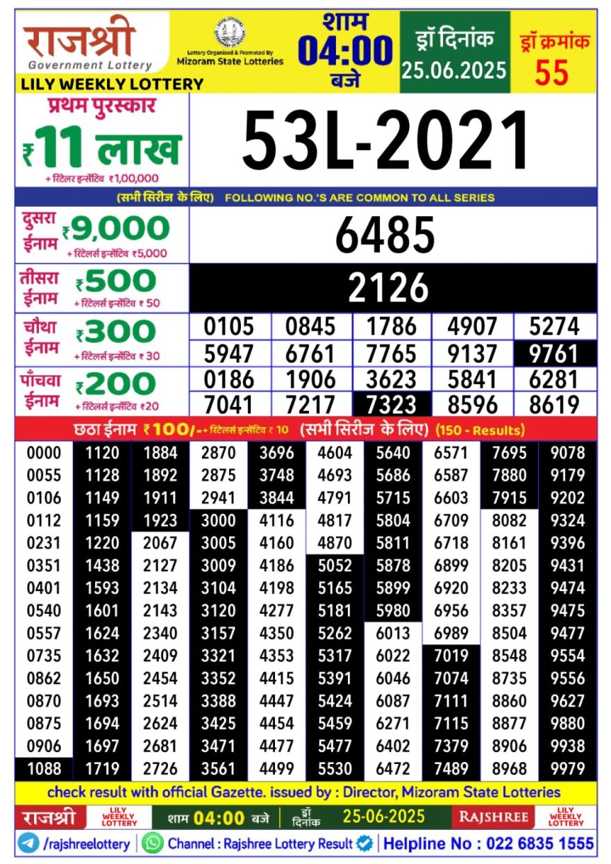 Rajshree Lily Wednesday Weekly Lottery 4PM Result 25.06.2025