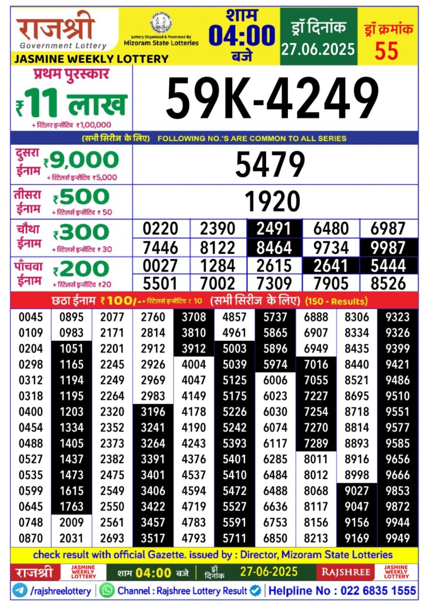 Rajshree jasmine Friday Weekly Lottery 4PM Result 27.06.2025