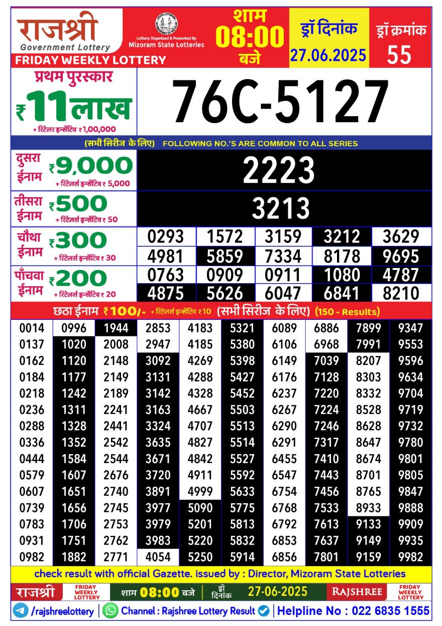 Rajshree Weekly Lottery 8PM Result 27.06.2025