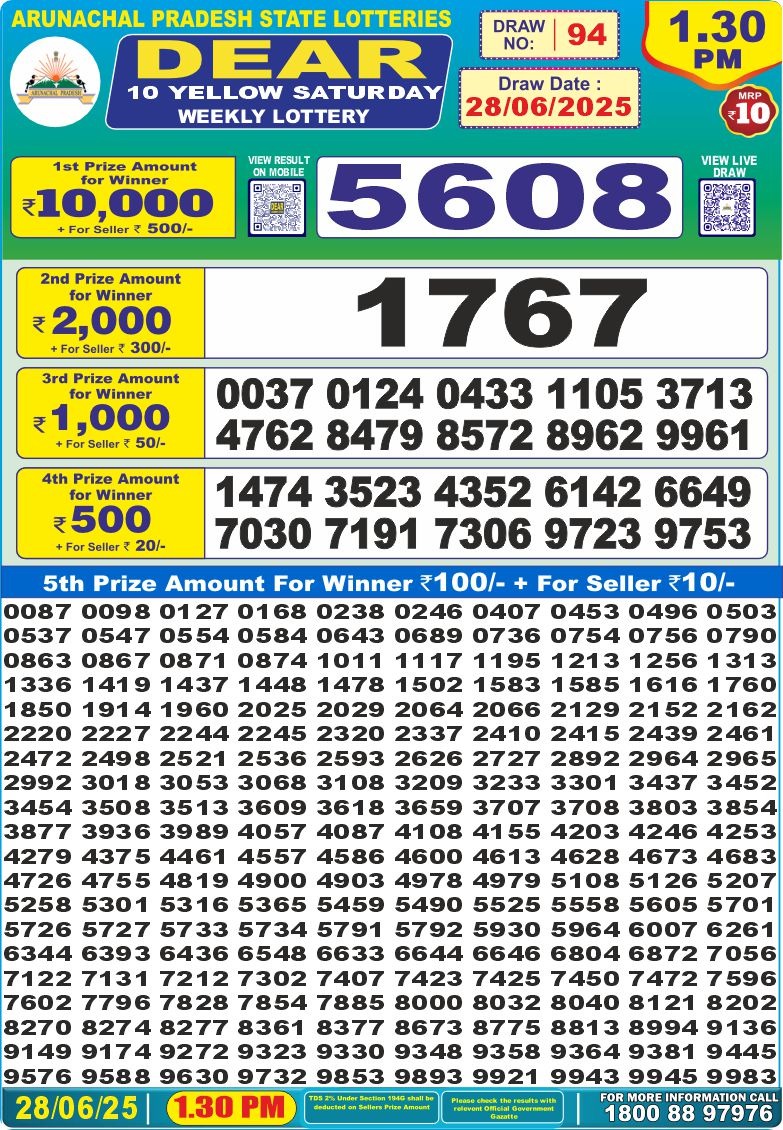 Dear 10 yellow lottery 1.30PM Result 28.06.2025