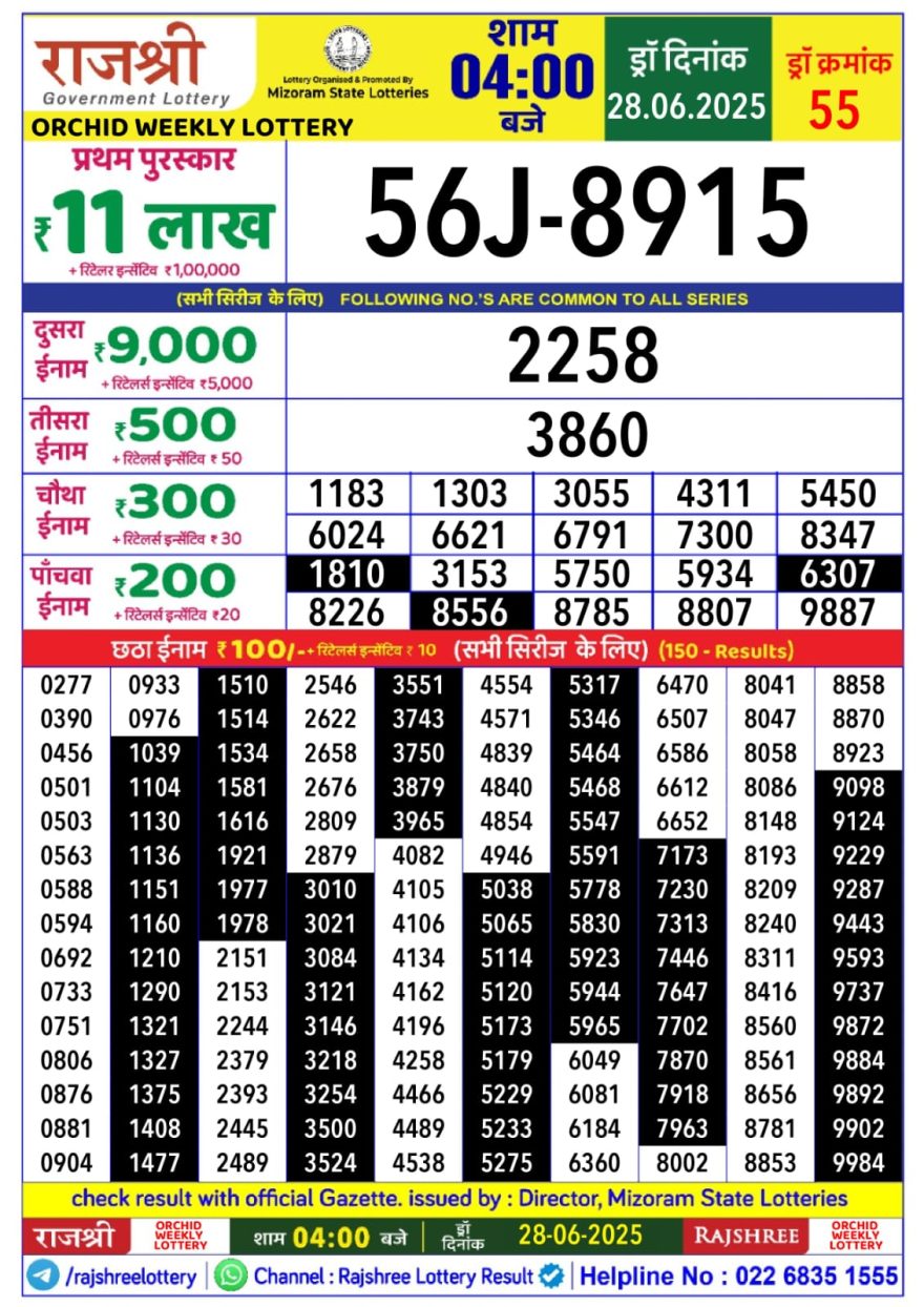 Rajshree orchid Saturday Weekly Lottery 4PM Result 28.06.2025