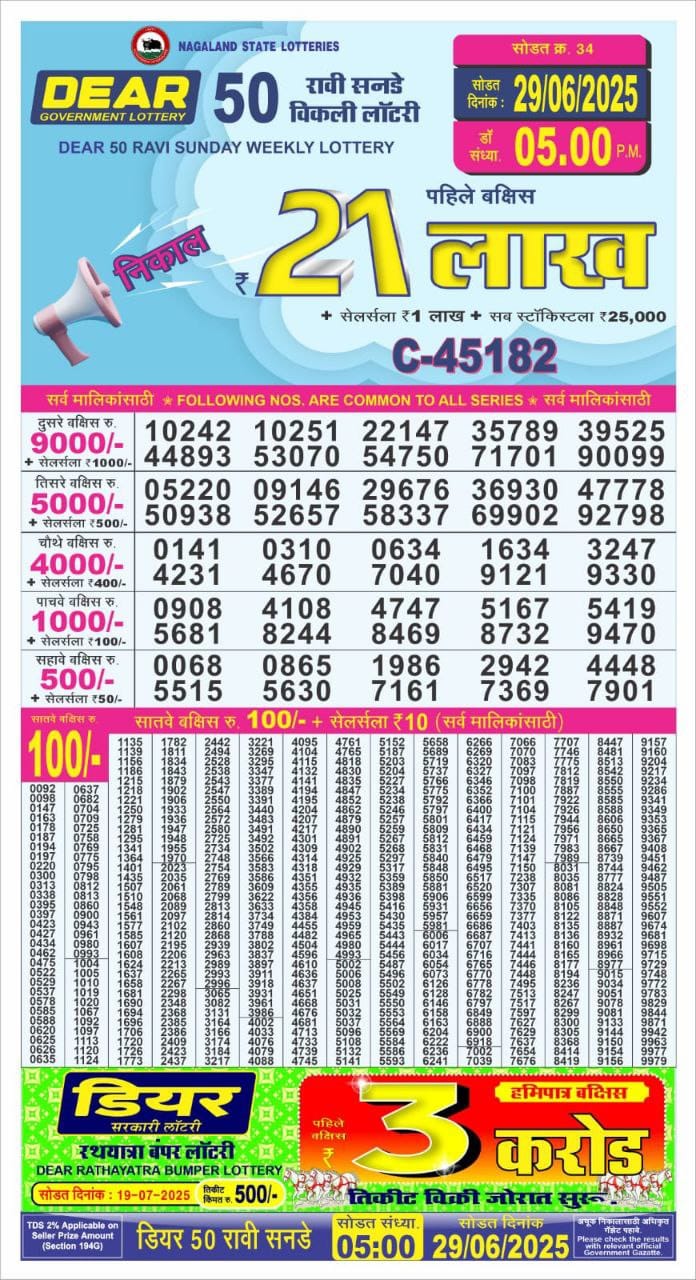 Dear 50 ravi saturday Lottery 5pm Result 29.06.2025