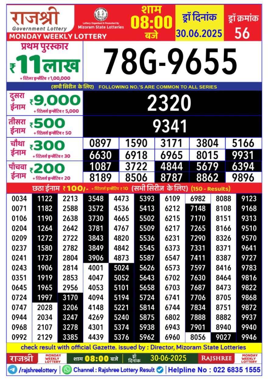 Rajshree Weekly Lottery 8PM Result 30.06.2025