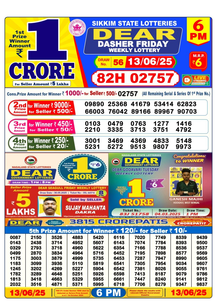 Dear dasher Friday weekly 6PM Result 13.06.2025