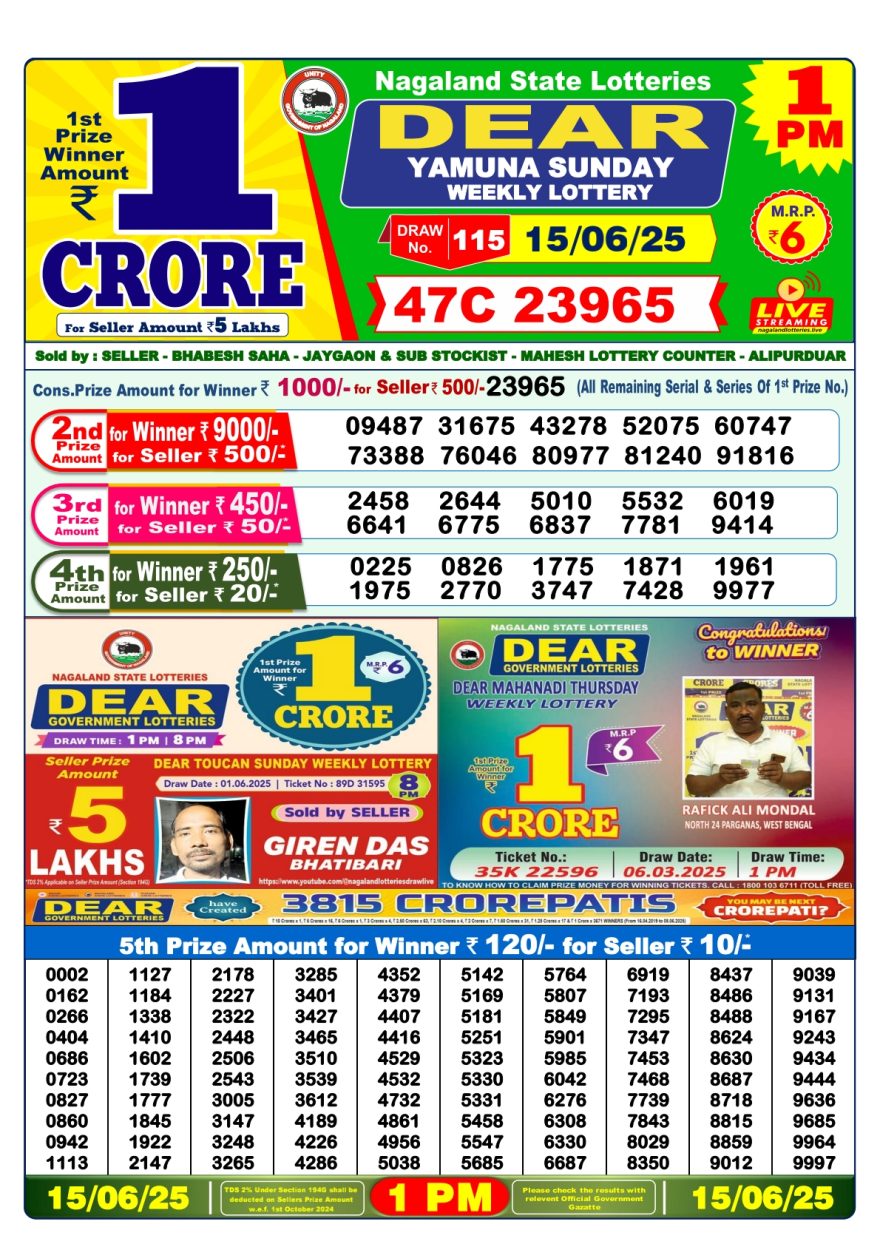 Dear yamuna sunday Weekly 1pm result 15.06.2025