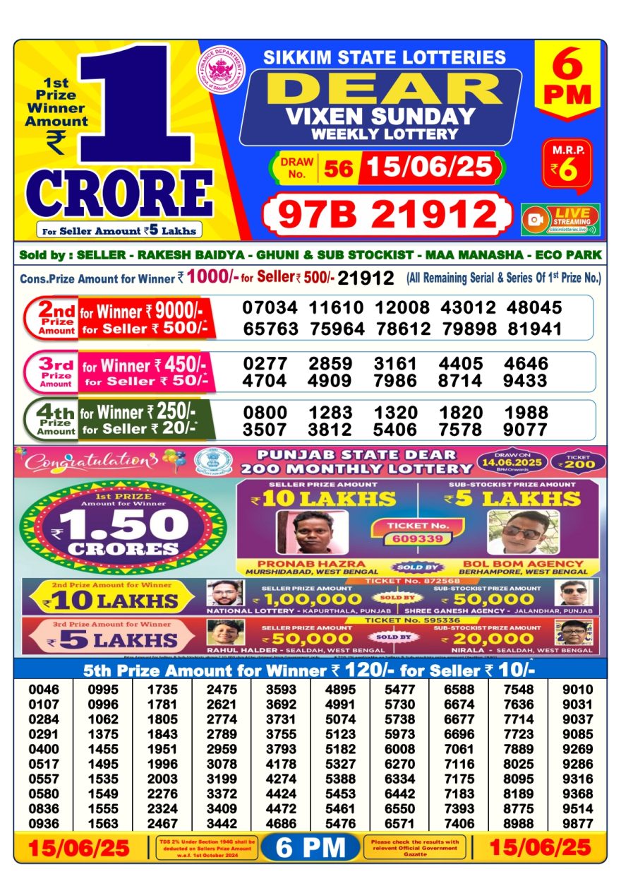 Dear vixen sunday weekly 6PM Result 15.06.2025