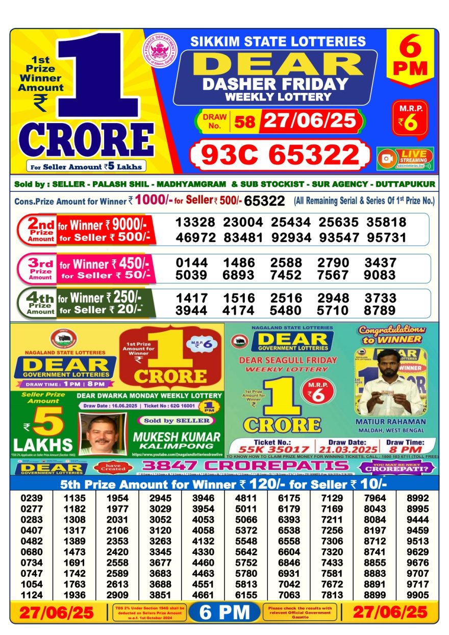 Dear dasher Friday weekly 6PM Result 27.06.2025