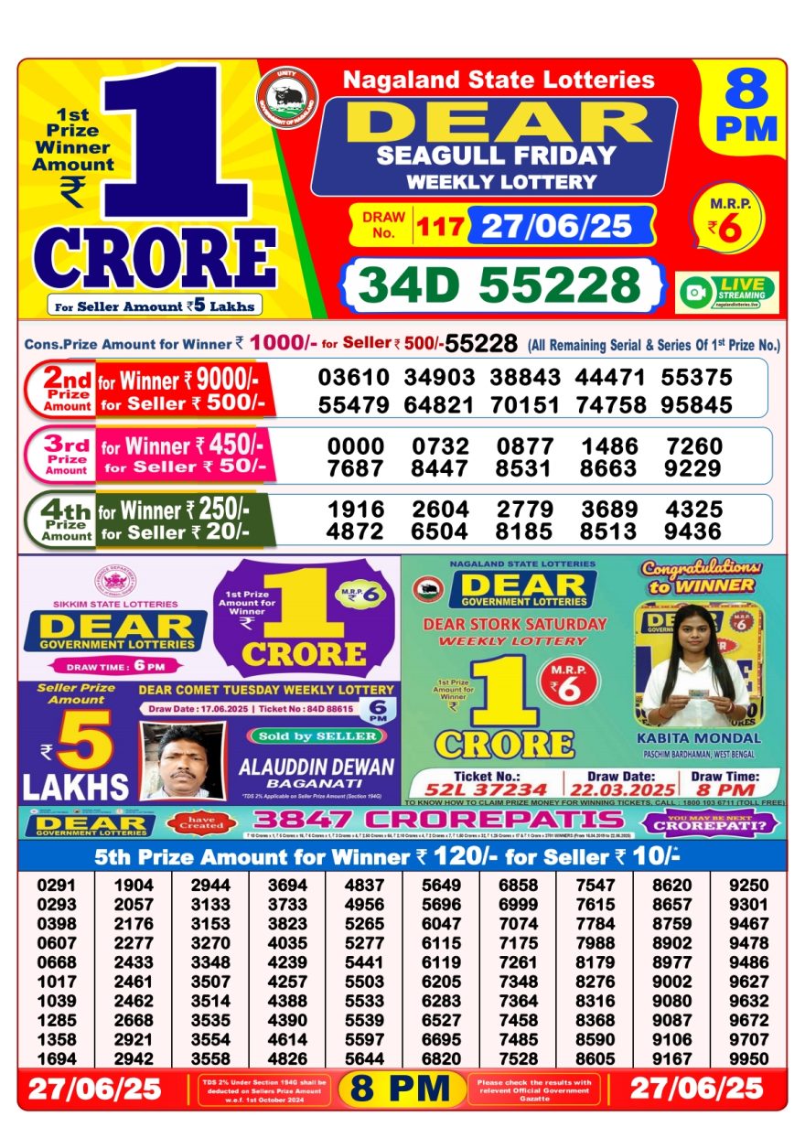 Dear seagull Weekly Lottery 8PM Result 27.06.2025