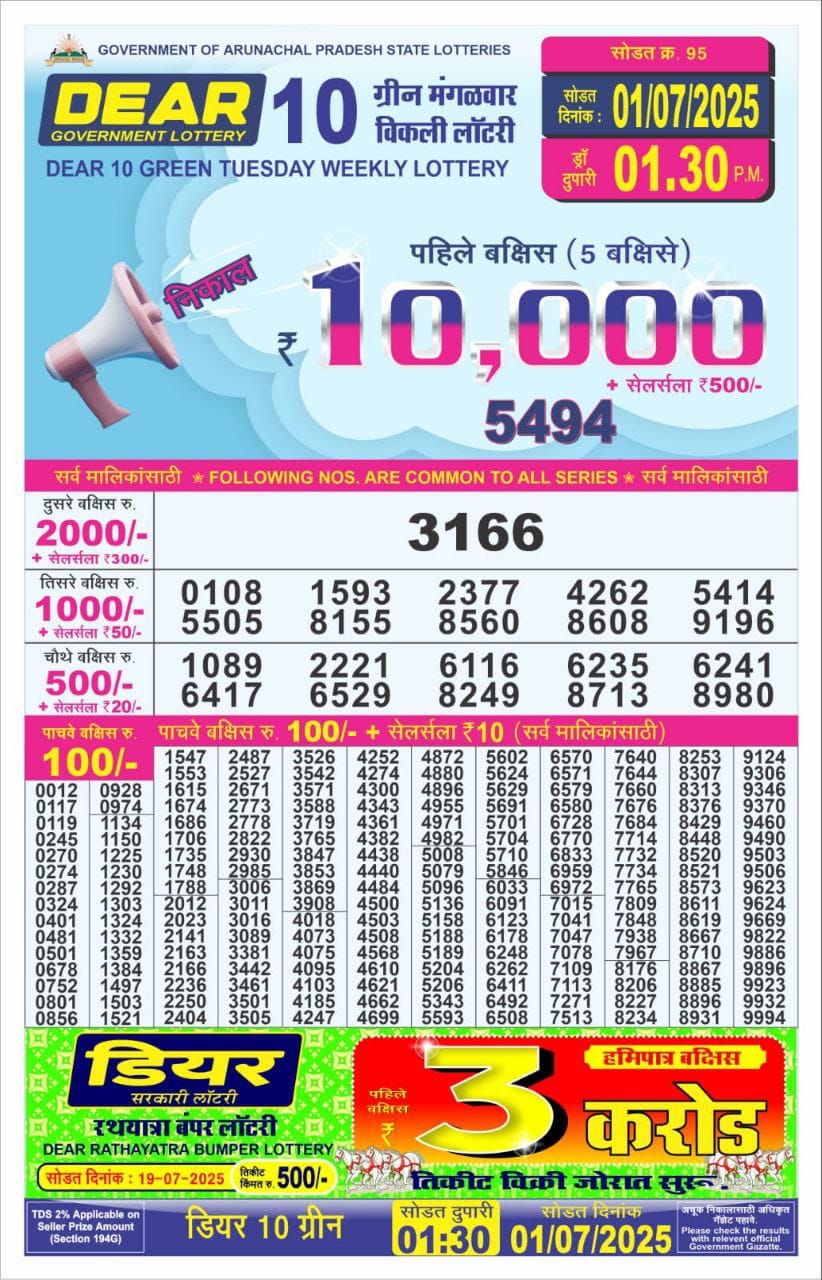 Dear 10 green lottery 1.30PM Result 01.07.2025