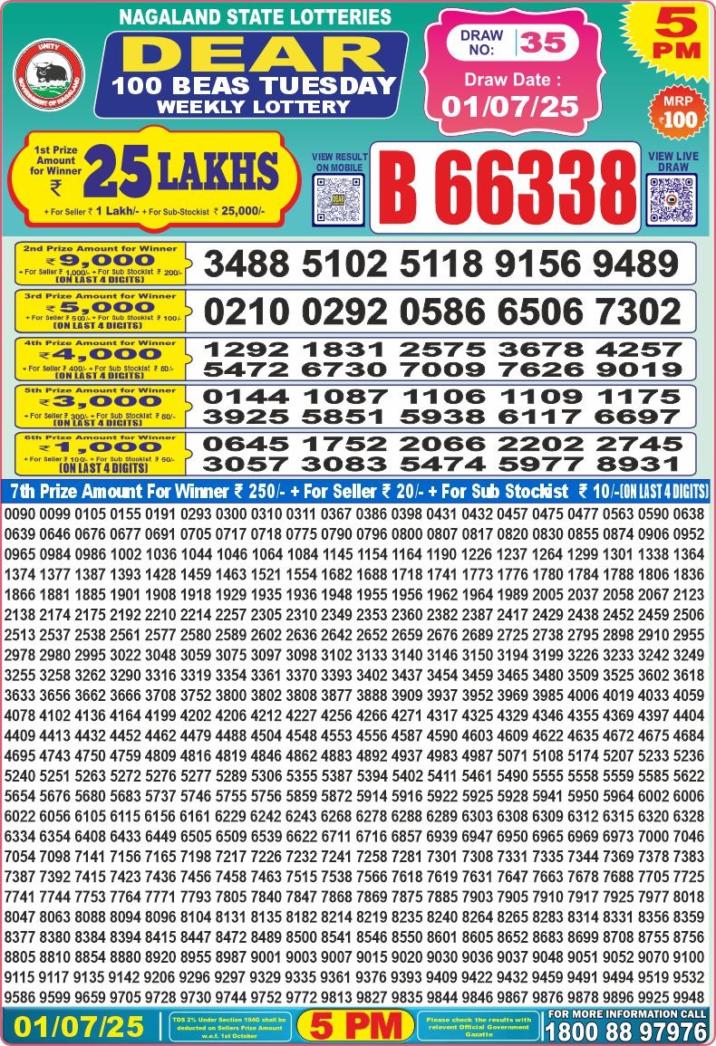Dear 100 beas tuesday Lottery 5pm Result 01.07.2025