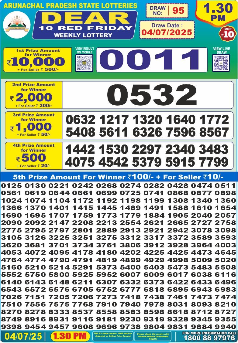 Dear 10 red lottery 1.30PM Result 04.07.2025