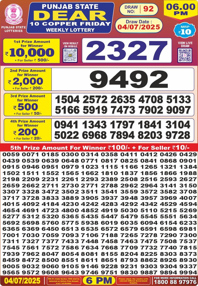 Punjab state dear 10 6pm lottery result 04.07.2025