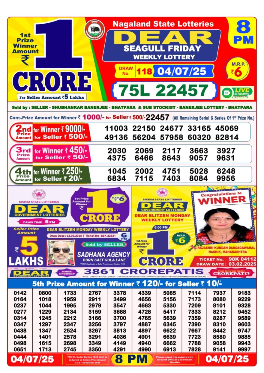 Dear seagull Friday Weekly Lottery 8PM Result 04.07.2025