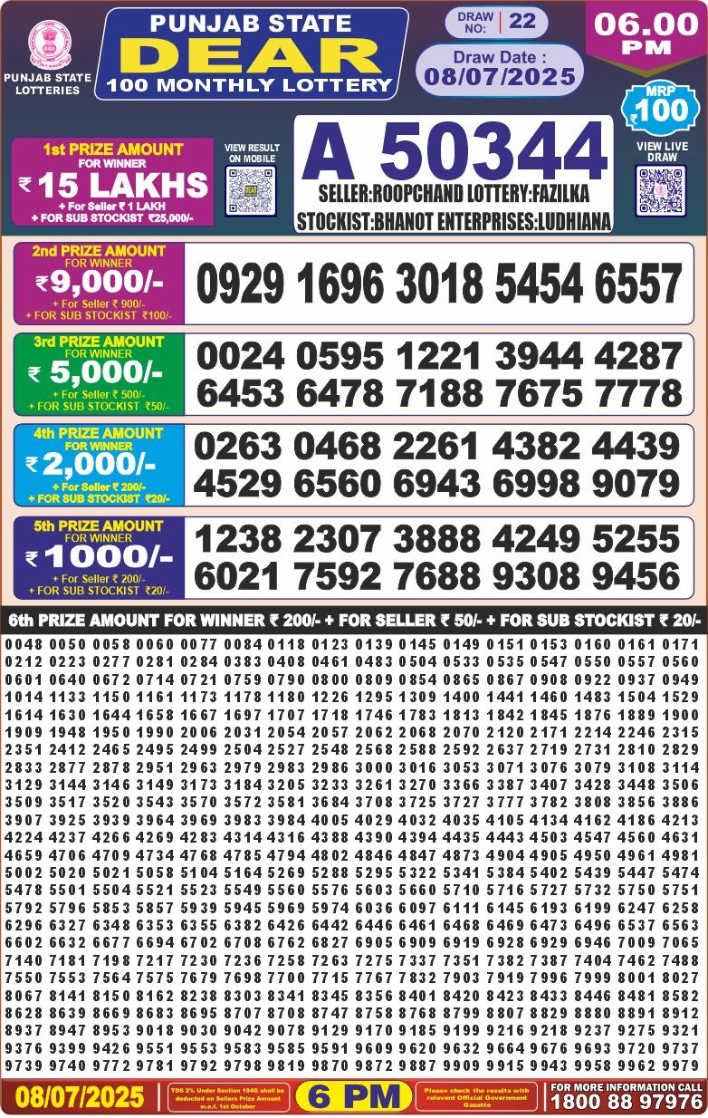 Punjab dear 100 monthly lottery result 08.07.2025