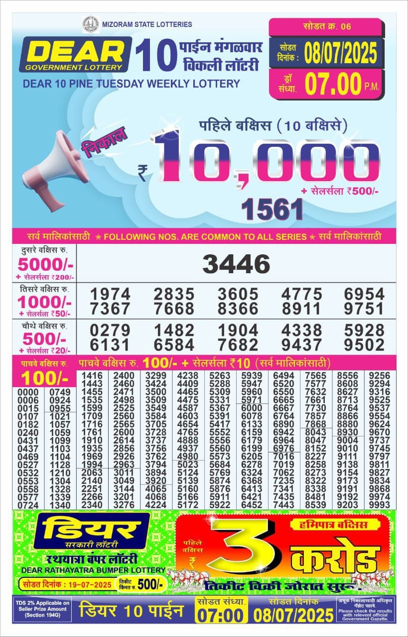 Dear 10 hard 7pm result 08.07.2025