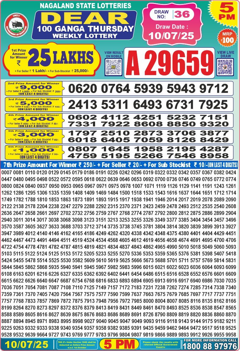 Dear 100 Ganga Thursday Lottery 5pm Result 10.07.2025