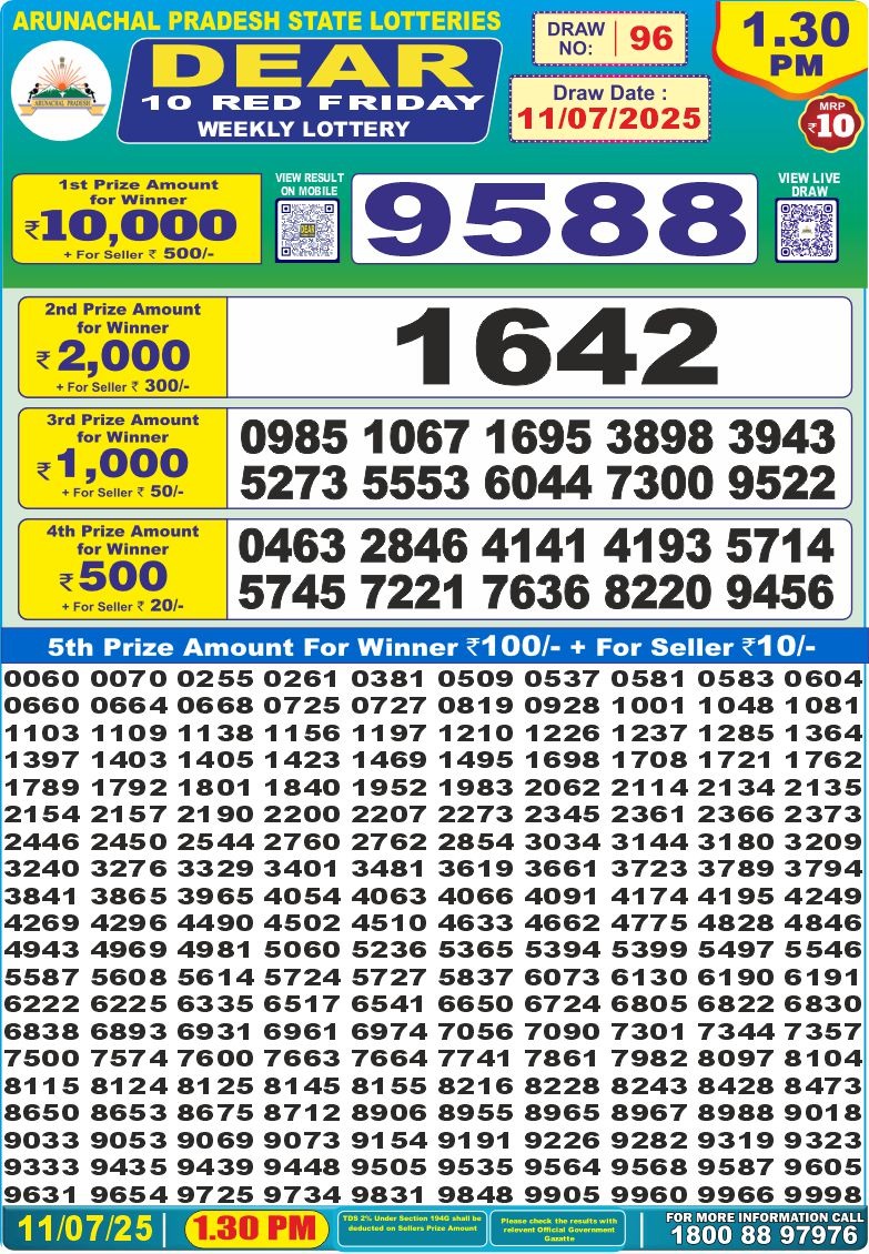 Dear 10 red lottery 1.30PM Result 11.07.2025