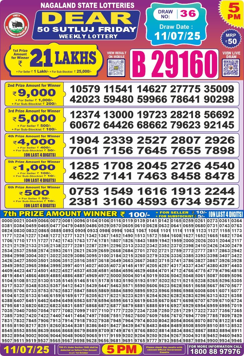 Dear 50 satluj Friday Lottery 5pm Result 11.07.2025