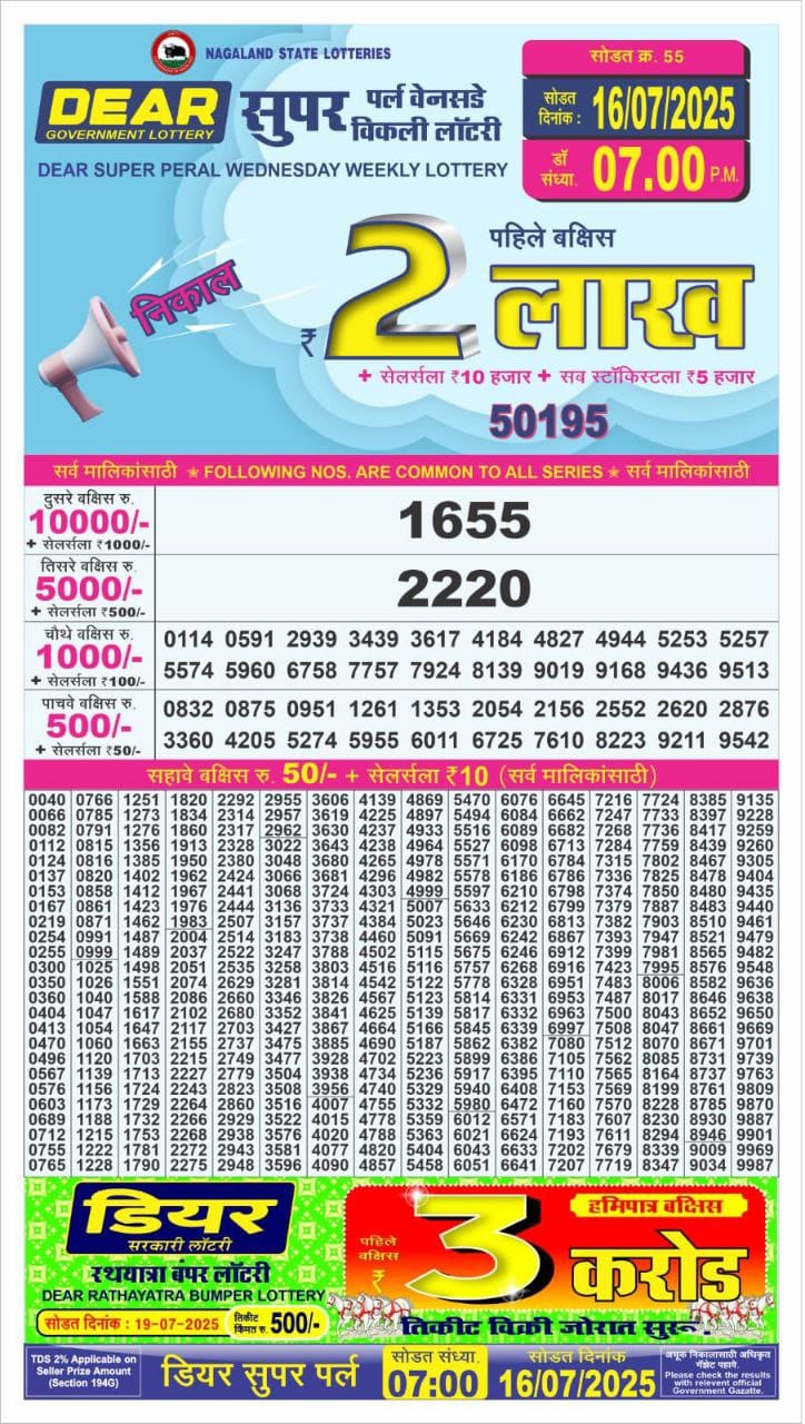 Dear Super Peral Lottery 7pm result 16.07.2025