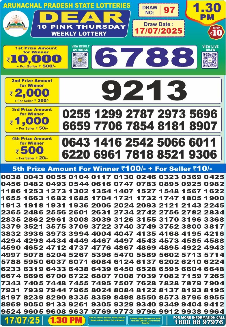Dear 10 pink lottery 1.30PM Result 17.07.2025
