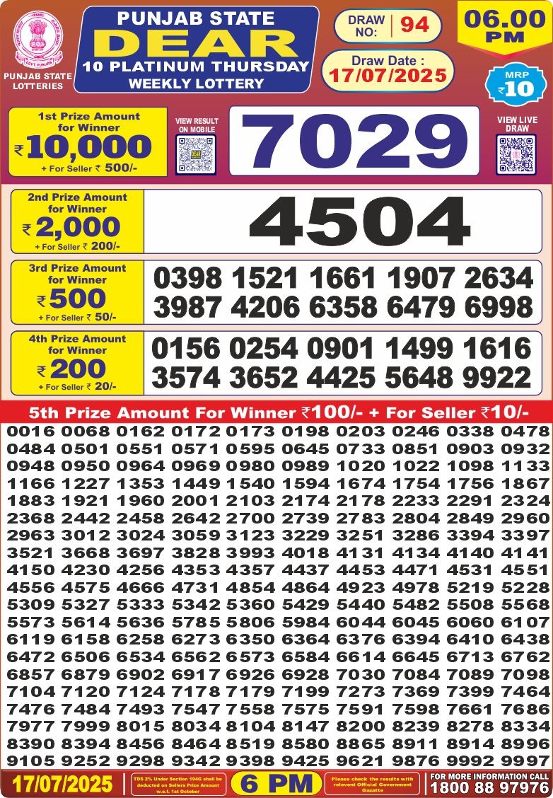 Punjab state dear 10 6pm lottery result 17.07.2025
