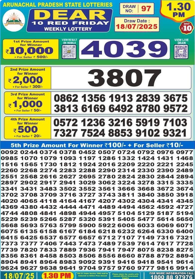 Dear 10 red lottery 1.30PM Result 18.07.2025