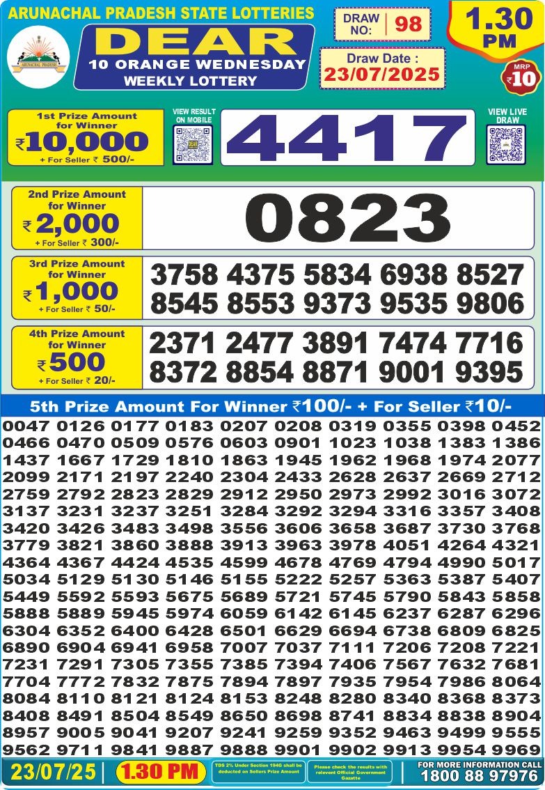 Dear 10 Orange Lottery 1.30PM Result 23.07.2025