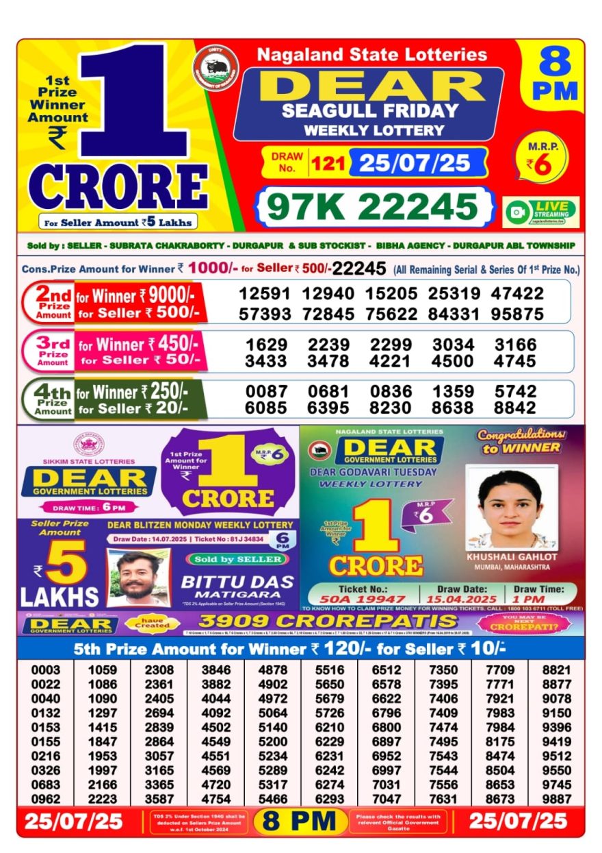 Dear seagull Weekly Lottery 8PM Result 25.07.2025