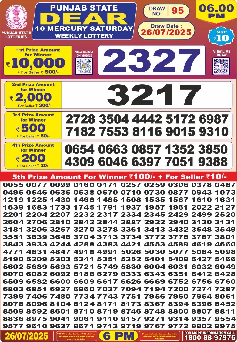 Punjab state dear 10 6pm lottery result 26.07.2025