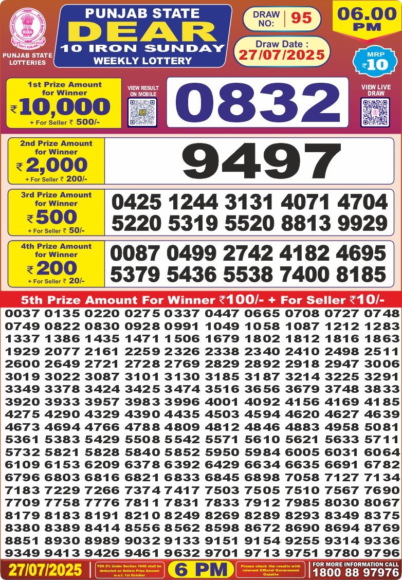 Punjab state dear 10 6pm lottery result 27.07.2025