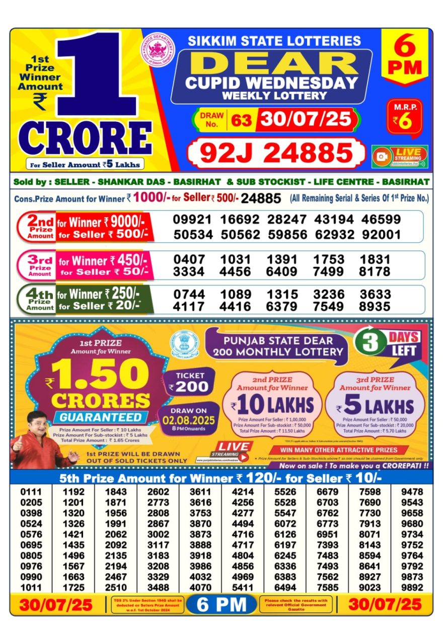 Dear Cupid Wednesday Weekly Lottery 6pm Result 30.07.2025