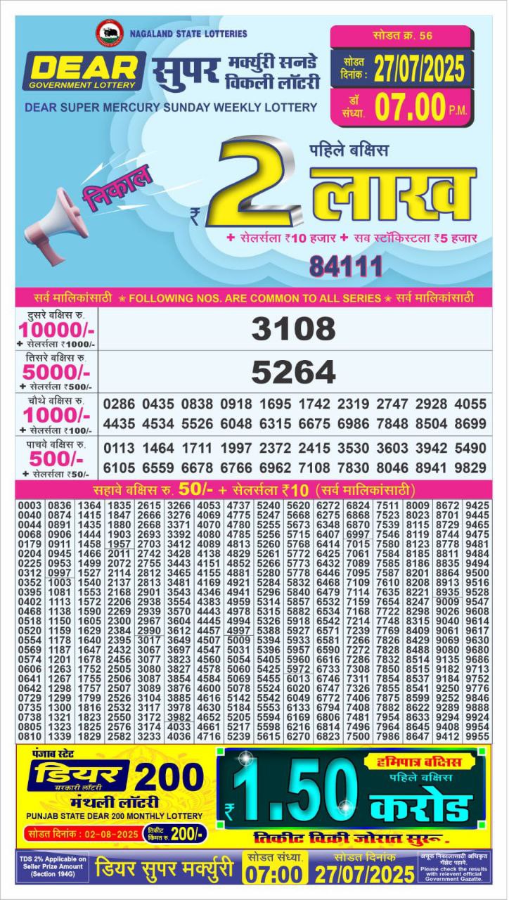 Dear super mercury 7pm result 27.07.2025
