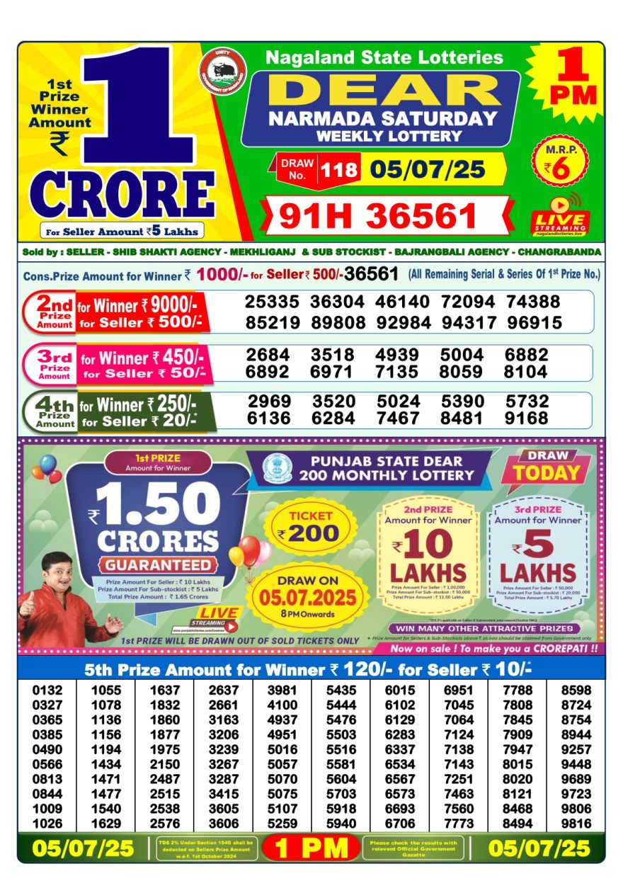Dear narmada saturday Weekly 1pm result 05.07.2025