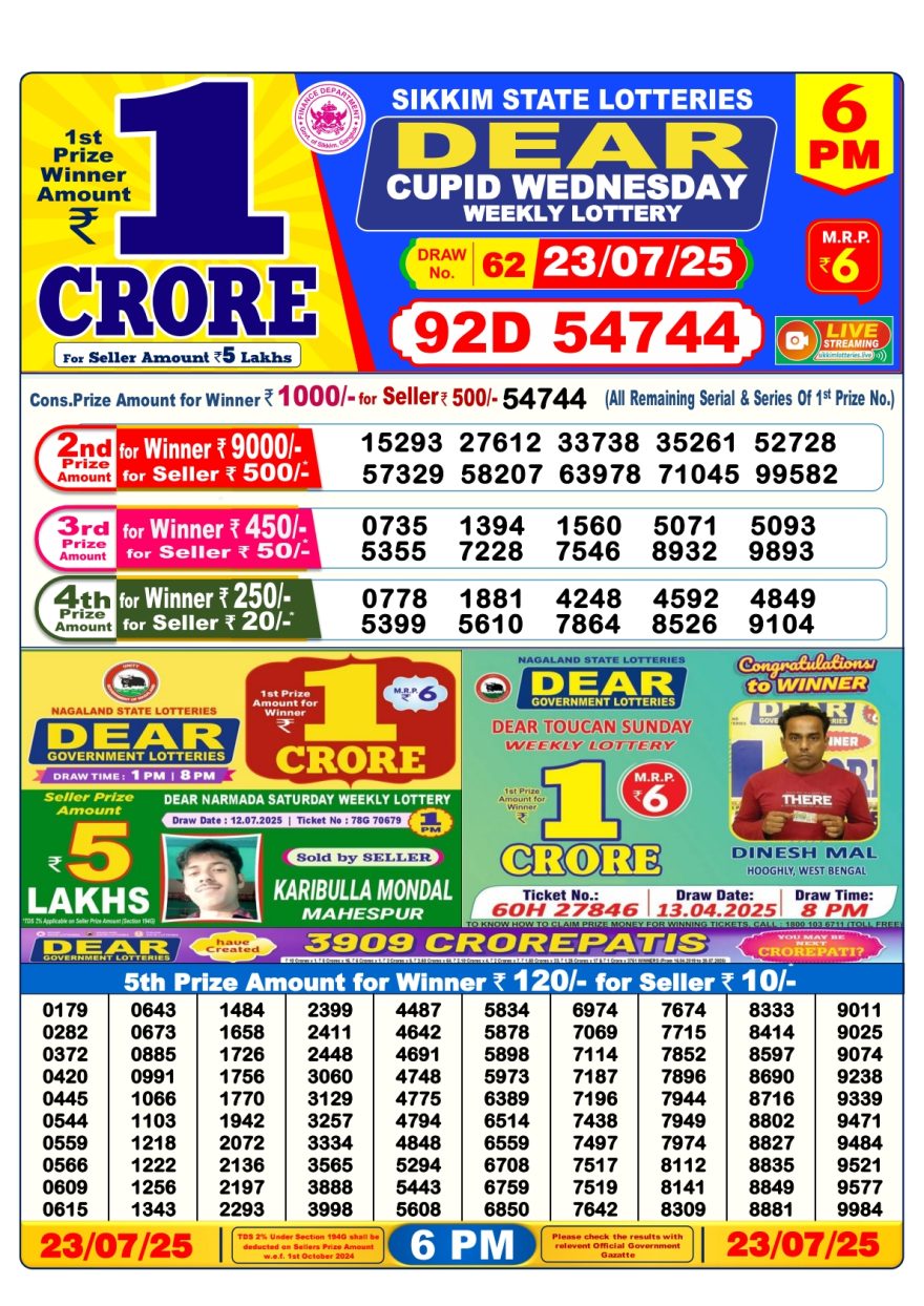 Dear cupid wednesday weekly Lottery 6PM Result 23.07.2025