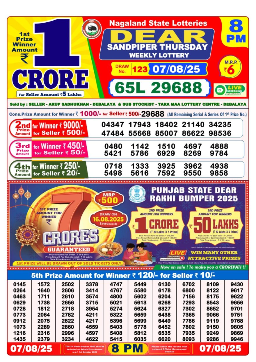 Dear Sandpiper Thursday Weekly Lottery 8pm Result 07.08.2025