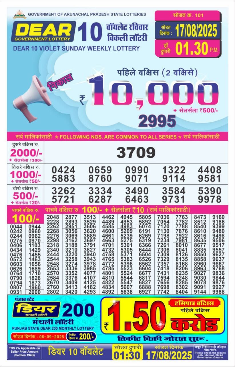 Dear 10 Violet Lottery 1.30pm Result 17.08.2025