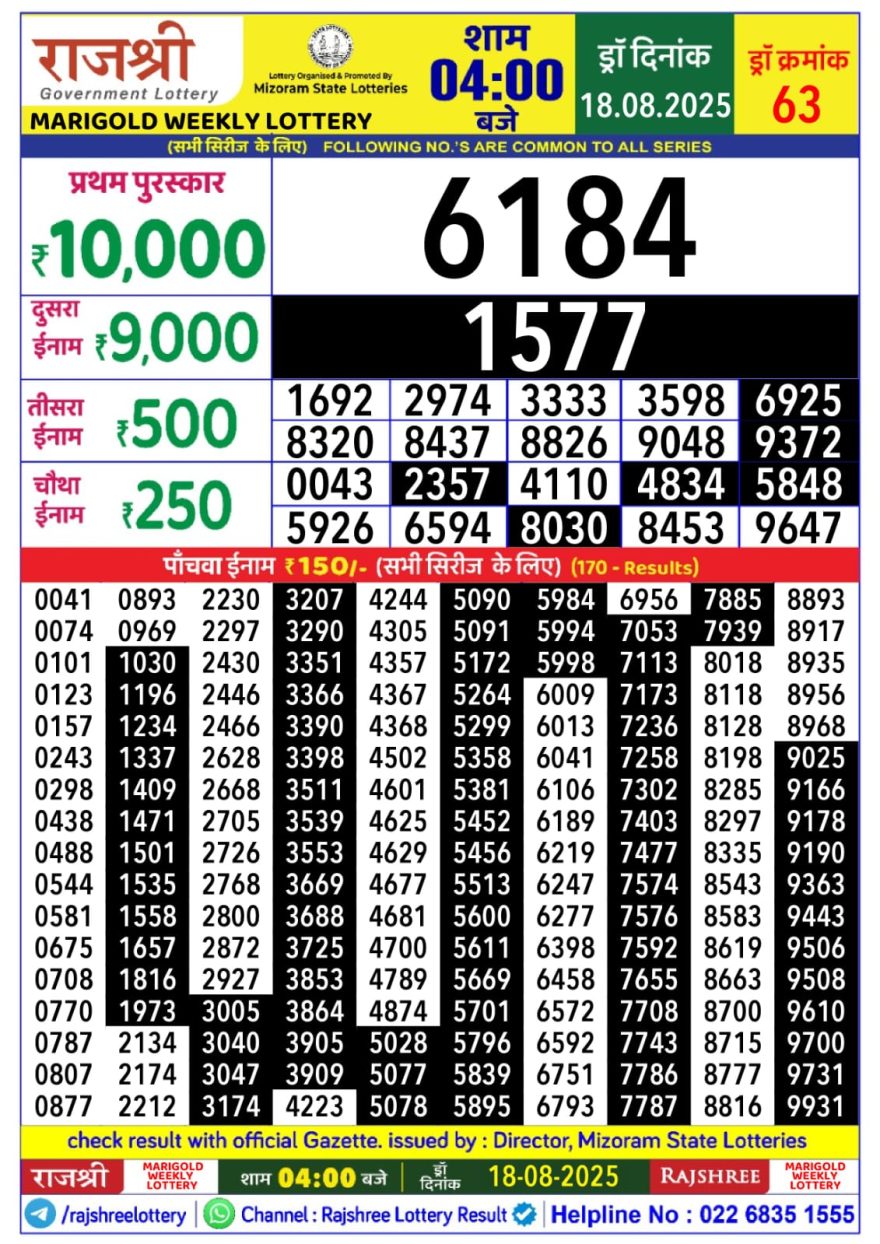 Rajshree Marigold Monday Weekly Lottery 4pm Result 18.08.2025