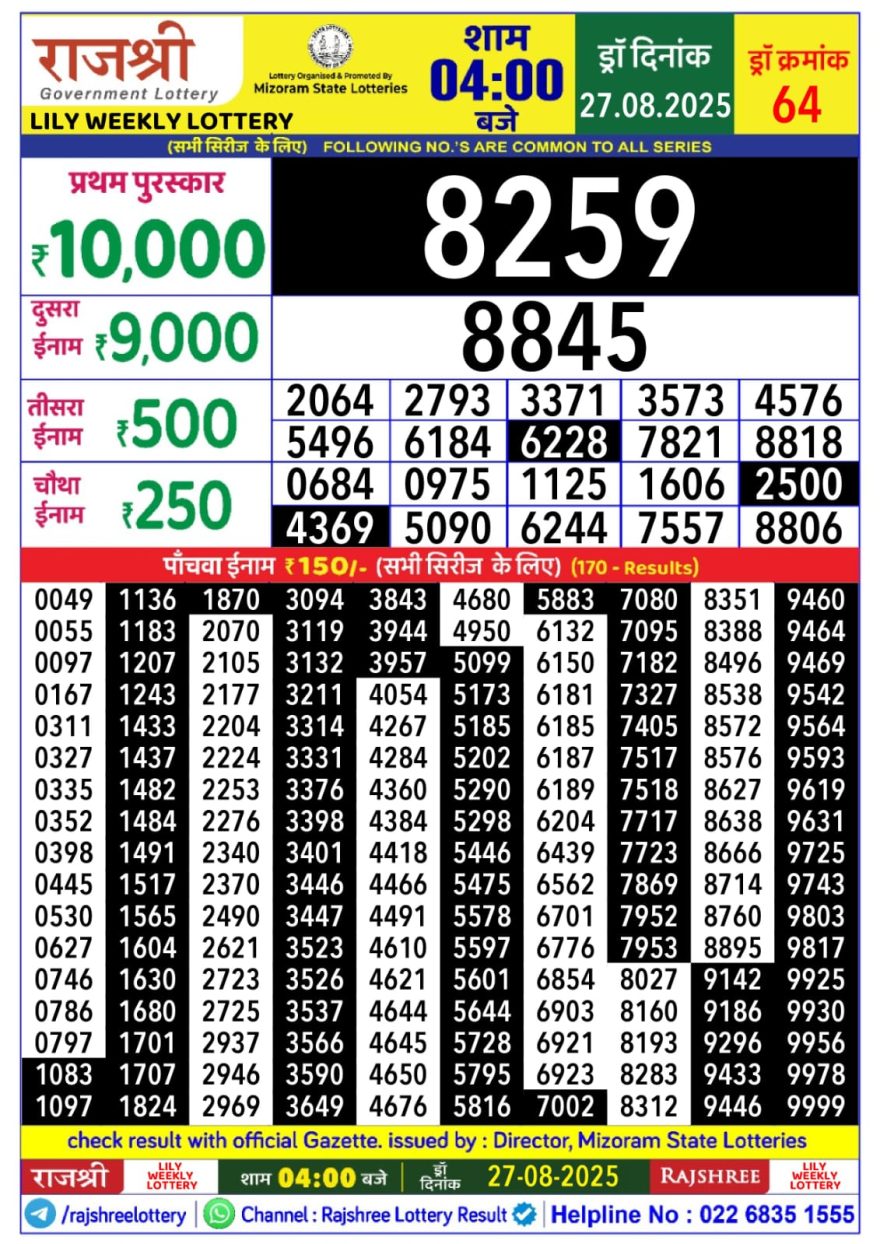 Rajshree Lily Wednesday Weekly Lottery 4pm Result 27.08.2025