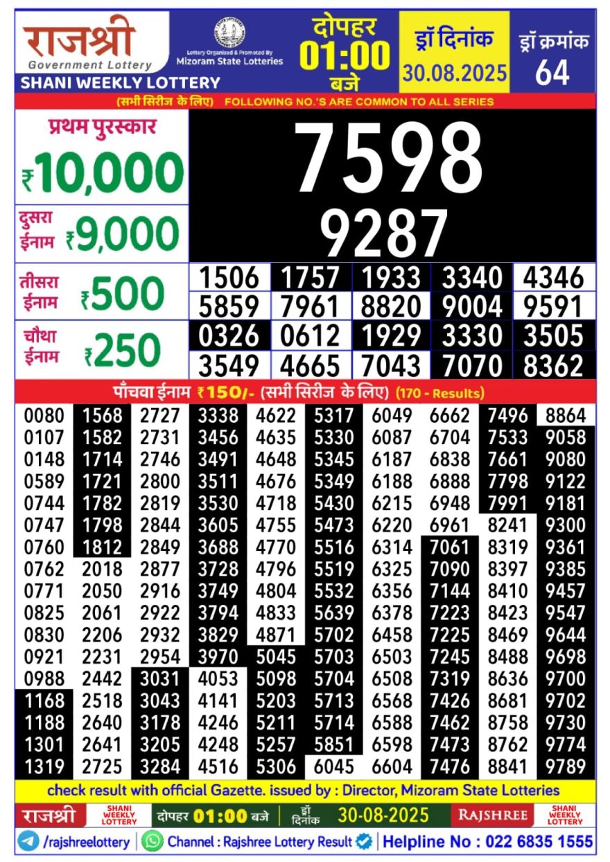 Rajshree Shani Weekly Lottery 1pm Result 30.08.2025