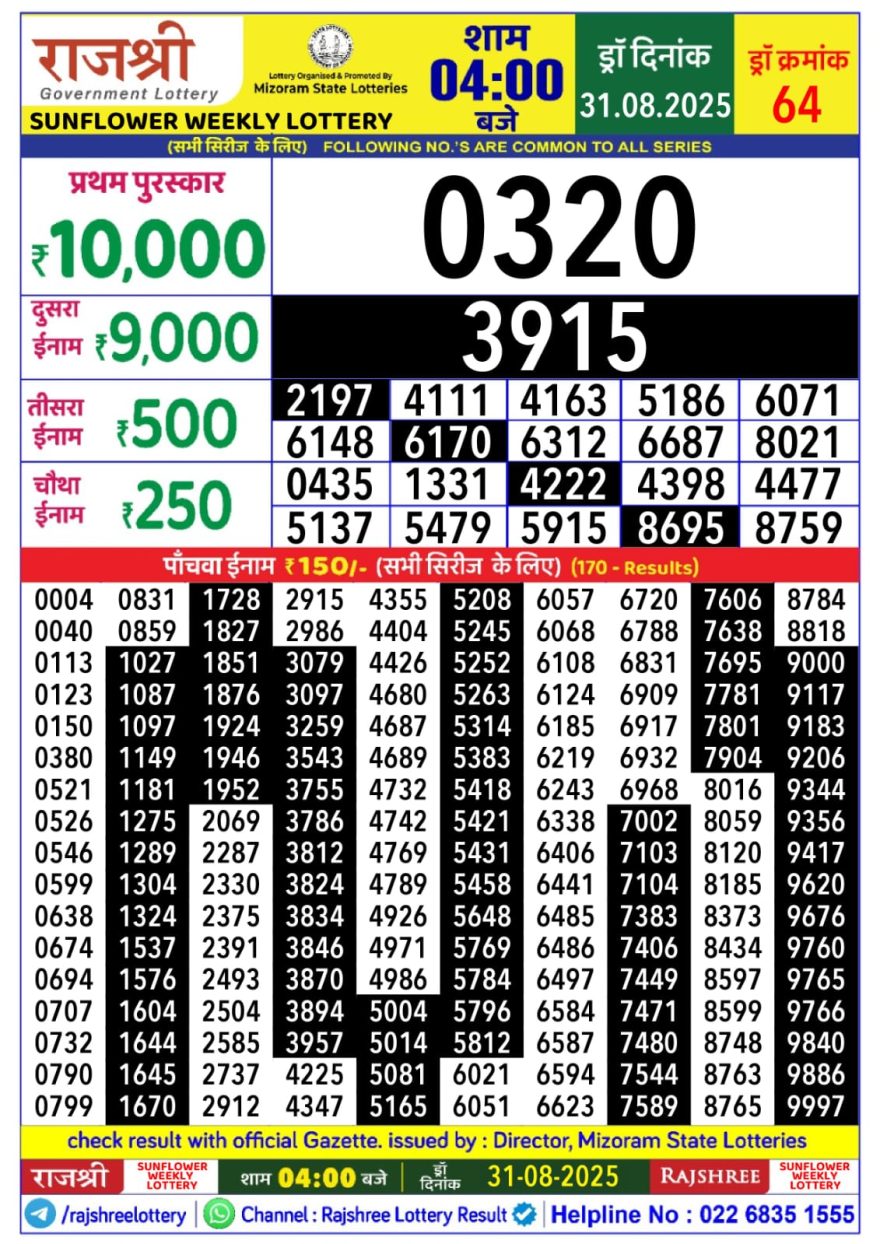 Rajshree Sunflower Sunday Weekly Lottery 4pm Result 31.08.2025