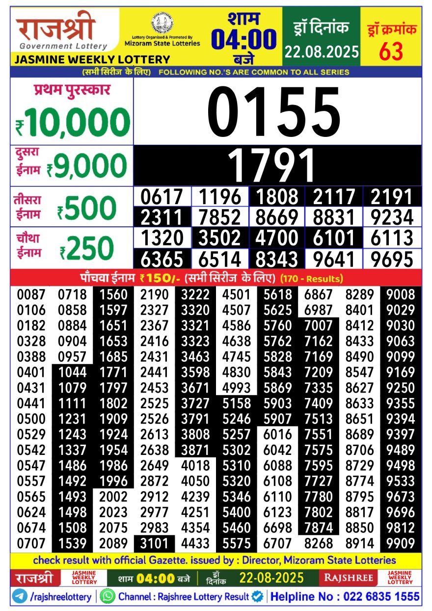 Rajshree jasmine Weekly Lottery 4pm Result 22.08.2025