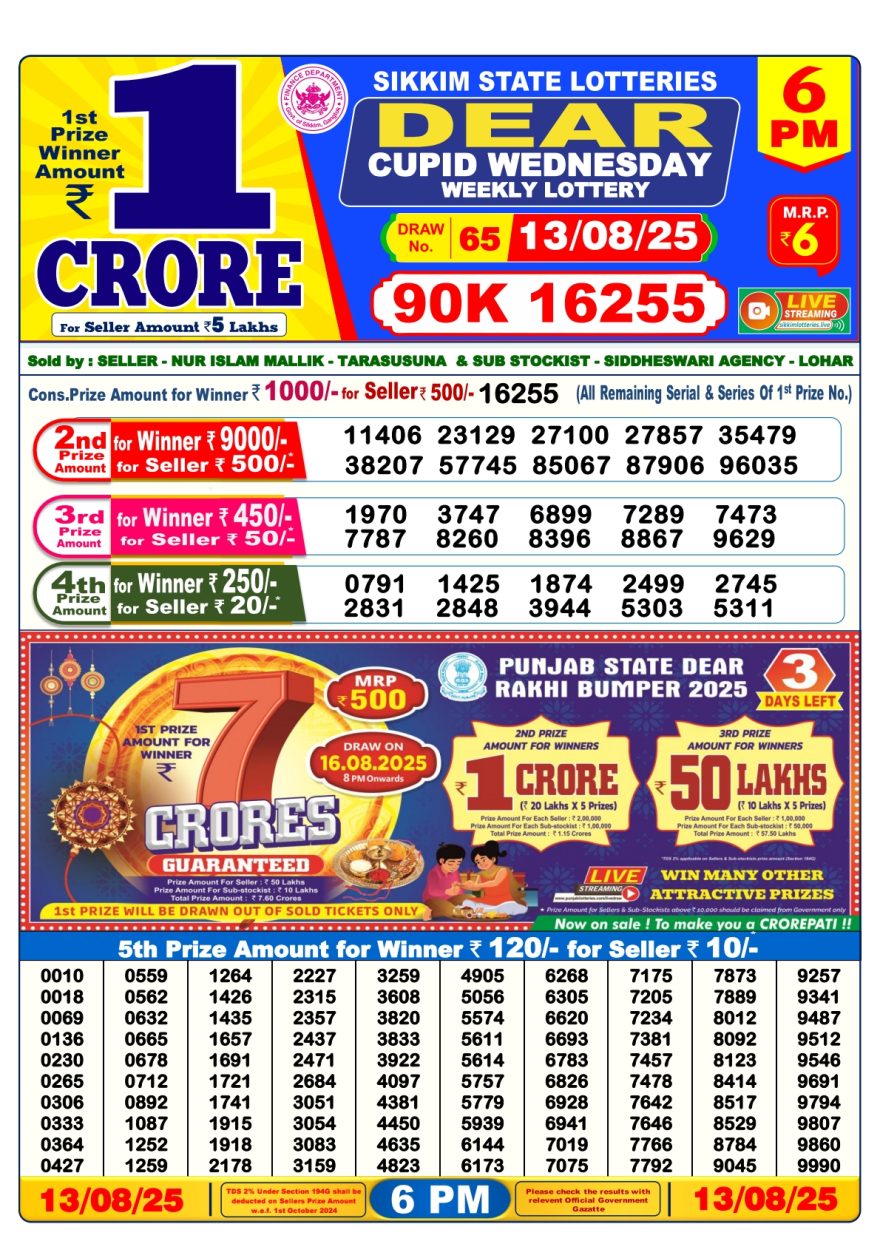 Dear Cupid Wednesday Weekly Lottery 6pm Result 13.08.2025