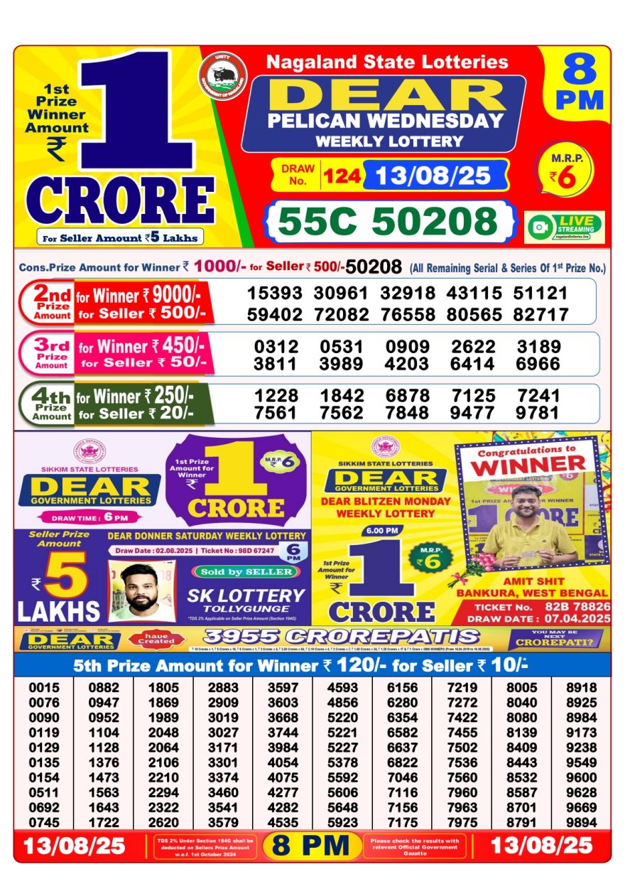 Dear Pelican Weekly Lottery 8pm Result 13.08.2025
