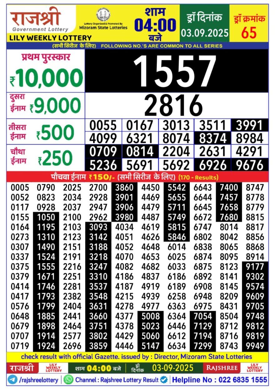 Rajshree Lily Wednesday Weekly Lottery 4pm Result 03.09.2025